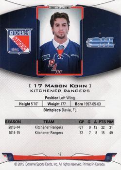 2015-16 Extreme Kitchener Rangers (OHL) #17 Mason Kohn Back