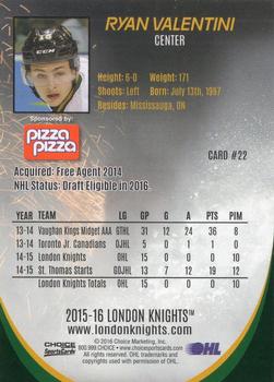 2015-16 Choice London Knights (OHL) #22 Ryan Valentini Back