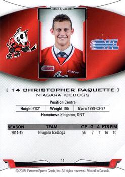 2015-16 Extreme Niagara IceDogs (OHL) #11 Christopher Paquette Back
