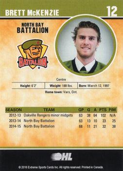 2015-16 Extreme North Bay Battalion (OHL) #10 Brett McKenzie Back