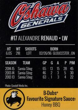 2015-16 Buffalo Wild Wings Oshawa Generals (OHL) #2 Alexandre Renaud Back