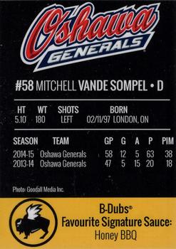 2015-16 Buffalo Wild Wings Oshawa Generals (OHL) #12 Mitchell Vande Sompel Back