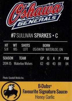 2015-16 Buffalo Wild Wings Oshawa Generals (OHL) #17 Sullivan Sparkes Back