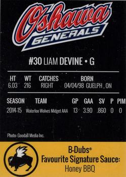 2015-16 Buffalo Wild Wings Oshawa Generals (OHL) #21 Liam Devine Back