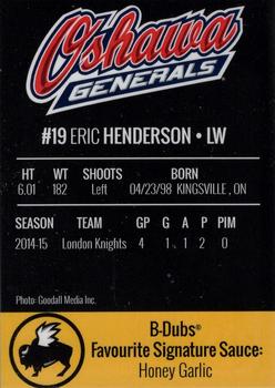 2015-16 Buffalo Wild Wings Oshawa Generals (OHL) #24 Eric Henderson Back