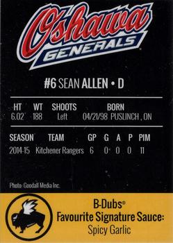 2015-16 Buffalo Wild Wings Oshawa Generals (OHL) #25 Sean Allen Back