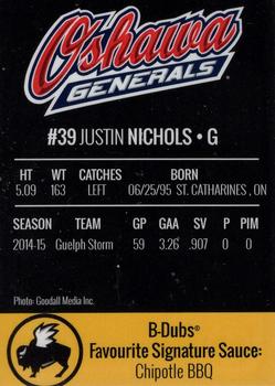 2015-16 Buffalo Wild Wings Oshawa Generals (OHL) #26 Justin Nichols Back