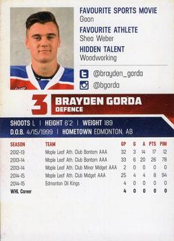 2015-16 Edmonton Oil Kings (WHL) #3 Brayden Gorda Back