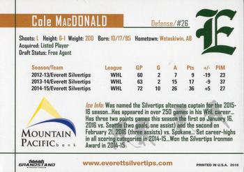 2015-16 Grandstand Everett Silvertips (WHL) #14 Cole MacDonald Back