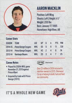 2015-16 Co-op Regina Pats (WHL) #NNO Aaron Macklin Back