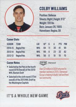 2015-16 Co-op Regina Pats (WHL) #NNO Colby Williams Back