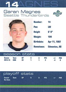 2015-16 Booster Club Seattle Thunderbirds (WHL) #11 Garan Magnes Back