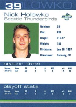 2015-16 Booster Club Seattle Thunderbirds (WHL) #25 Nick Holowko Back