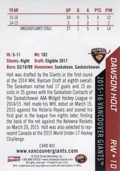 2015-16 Choice Vancouver Giants (WHL) #12 Dawson Holt Back