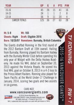 2015-16 Choice Vancouver Giants (WHL) #22 Ty Ronning Back