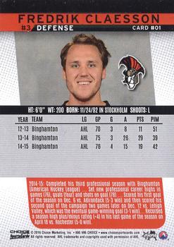 2015-16 Choice Binghamton Senators (AHL) #1 Fredrik Claesson Back