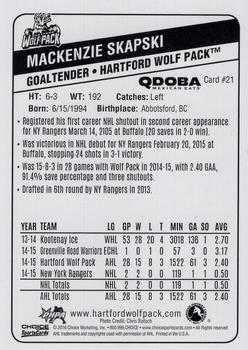 2015-16 Choice Hartford Wolf Pack (AHL) #21 Mackenzie Skapski Back