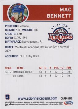 2015-16 Choice St. Johns IceCaps (AHL) #6 Mac Bennett Back