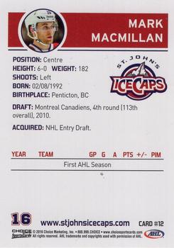 2015-16 Choice St. Johns IceCaps (AHL) #12 Mark MacMillan Back