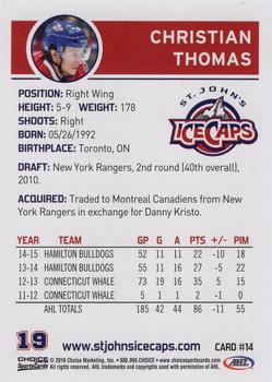 2015-16 Choice St. Johns IceCaps (AHL) #14 Christian Thomas Back