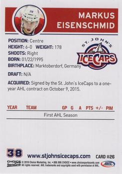 2015-16 Choice St. Johns IceCaps (AHL) #26 Markus Eisenschmid Back