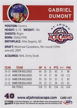 2015-16 Choice St. Johns IceCaps (AHL) #27 Gabriel Dumont Back