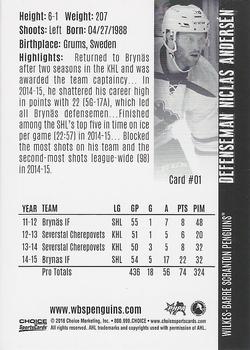 2015-16 Choice Wilkes-Barre/Scranton Penguins (AHL) #1 Niclas Andersen Back