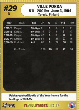 2015-16 Rockford Register Star Rockford IceHogs (AHL) #NNO Ville Pokka Back