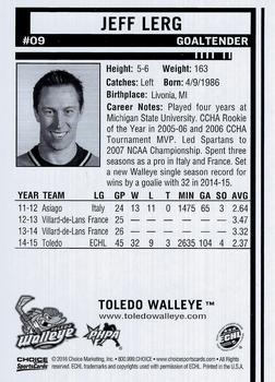 2015-16 Choice Toledo Walleye (ECHL) #9 Jeff Lerg Back