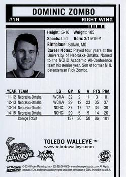 2015-16 Choice Toledo Walleye (ECHL) #19 Dominic Zombo Back