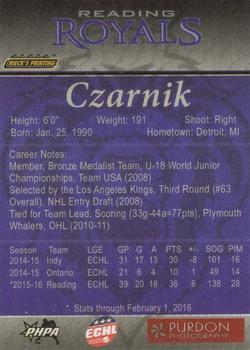 2015-16 Rieck's Printing Reading Royals (ECHL) #NNO Robert Czarnik Back