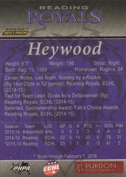 2015-16 Rieck's Printing Reading Royals (ECHL) #NNO Jordan Heywood Back