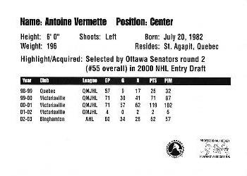 2003-04 Binghamton Senators (AHL) #NNO Antoine Vermette Back