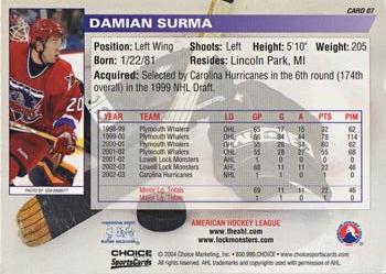 2003-04 Choice Lowell Lock Monsters (AHL) #7 Damian Surma Back