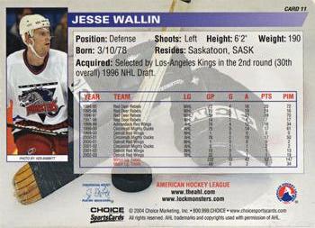 2003-04 Choice Lowell Lock Monsters (AHL) #11 Jesse Wallin Back