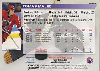 2003-04 Choice Lowell Lock Monsters (AHL) #24 Tomas Malec Back