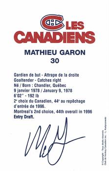 2000-01 Montreal Canadiens Postcards #NNO Mathieu Garon Back