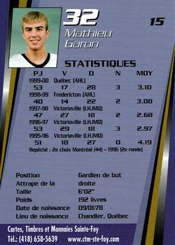 2000-01 Quebec Citadelles (AHL) #15 Mathieu Garon Back