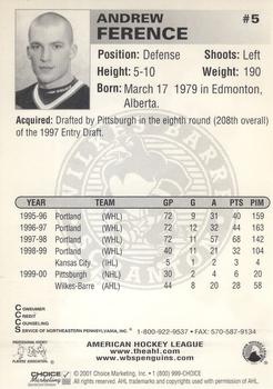 2000-01 Choice Wilkes Barre/Scranton Penguins (AHL) #8 Andrew Ference Back