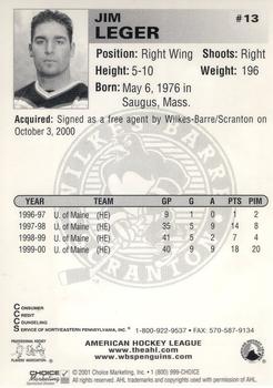 2000-01 Choice Wilkes Barre/Scranton Penguins (AHL) #13 Jim Leger Back