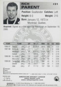 2000-01 Choice Wilkes Barre/Scranton Penguins (AHL) #18 Rich Parent Back