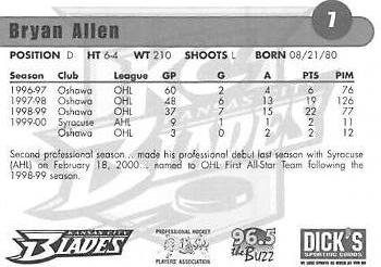 2000-01 Dick's Sporting Goods Kansas City Blades (IHL) #7 Bryan Allen Back