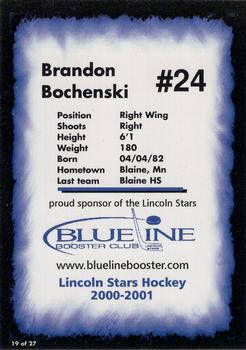 2000-01 Blueline Booster Club Lincoln Stars (USHL) #19 Brandon Bochenski Back