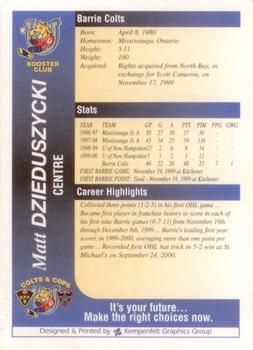 2000-01 Colts & Cops Barrie Colts (OHL) #NNO Matt Dzieduszycki Back