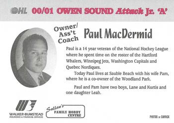 2000-01 Owen Sound Attack (OHL) #NNO Paul MacDermid Back