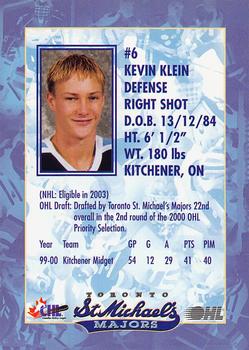 2000-01 President's Choice Toronto St. Michael's Majors (OHL) #NNO Kevin Klein Back