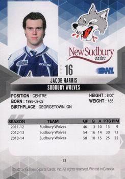 2014-15 Extreme Sudbury Wolves OHL #13 Jacob Harris Back