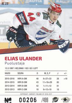 2016-17 Cardset Finland - Rookie Series 2 #RC 375 Elias Ulander Back