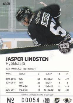 2016-17 Cardset Finland - Rookie Series 2 #RC 406 Jasper Lindsten Back