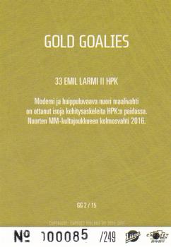 2016-17 Cardset Finland - Gold Goalies #GG2 Emil Larmi Back